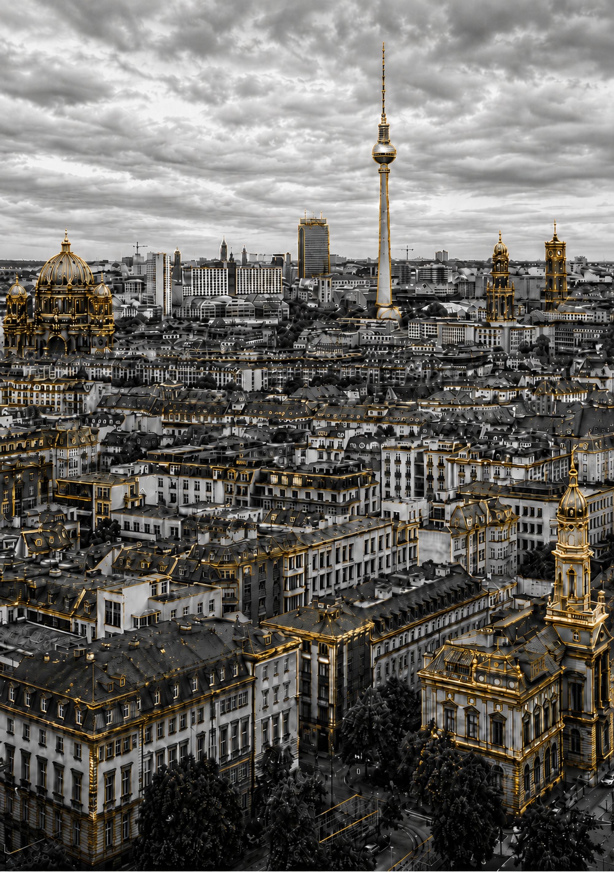 Berlin skyline in black and white with gold accents, the TV tower at its centre