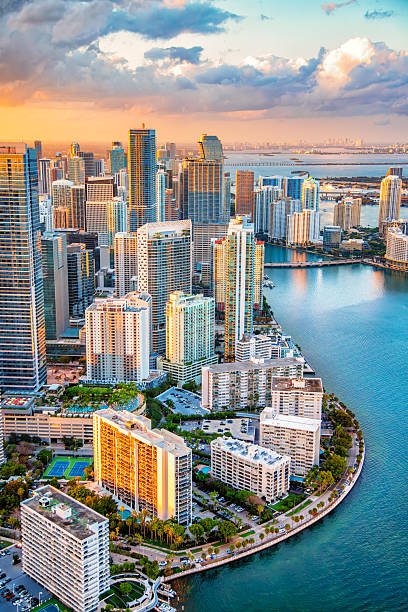 Miami skyline and waterfront in Florida at sunset